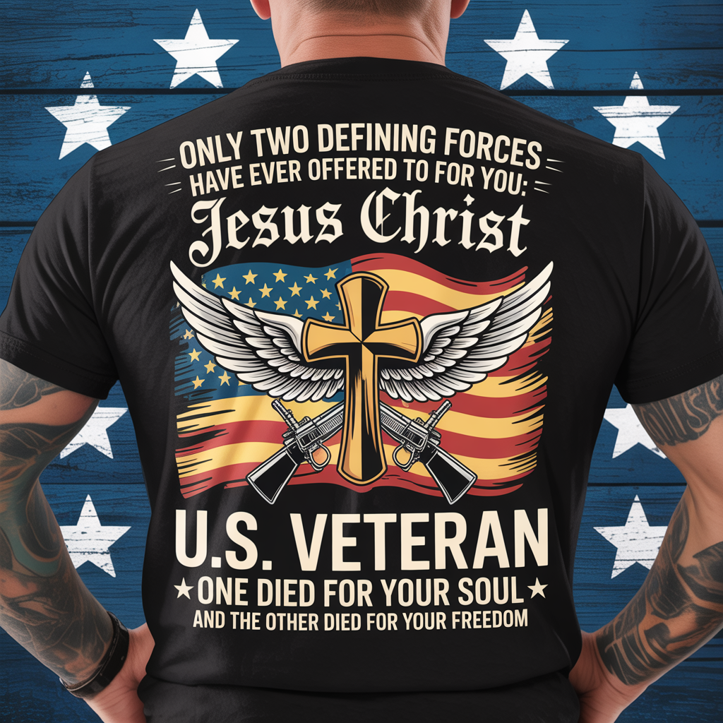 Jesus Christ & U.S. Veteran Patriotic T-Shirt - Cross, Rifles & American Flag Military Apparel