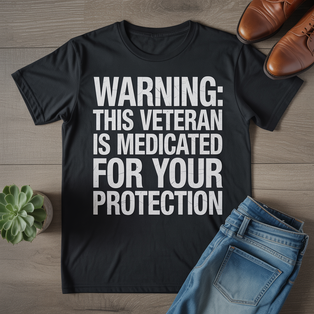 Funny Veteran T-Shirt - Warning This Veteran Is Medicated For Your Protection Military Humor Tee