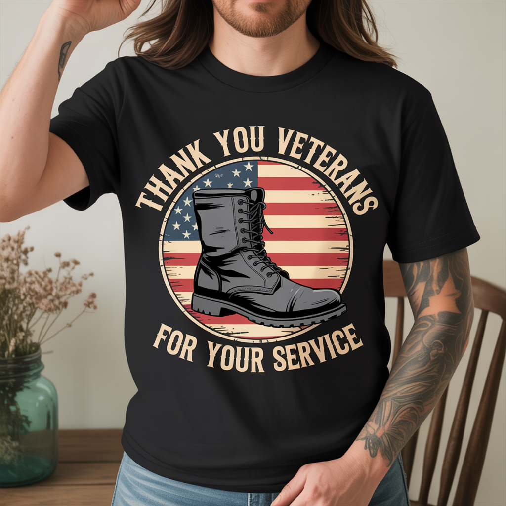 Vintage Thank You Veterans For Your Service Shirt, Patriotic American Flag Combat Boot Graphic Tee, Military Appreciation Gift