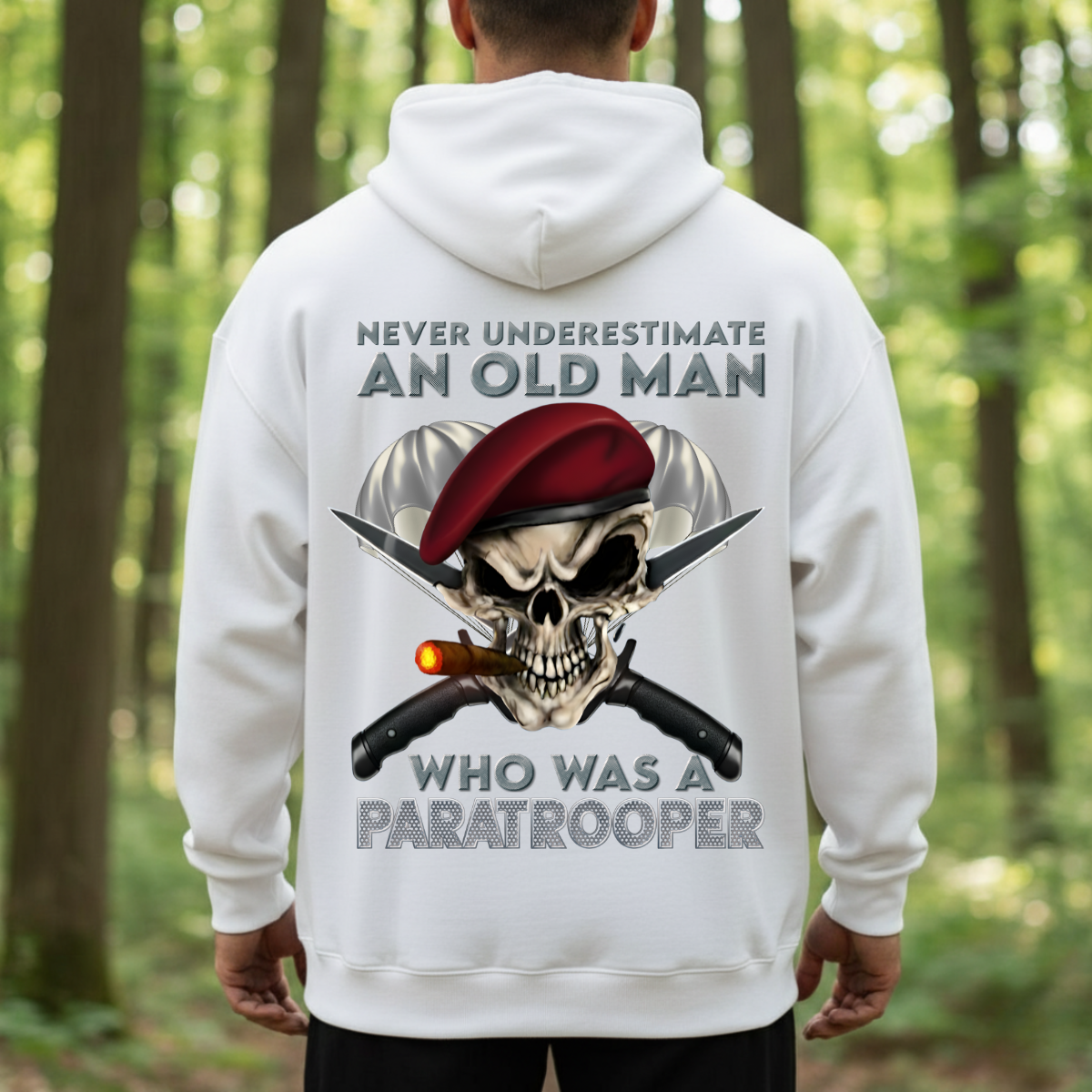 Airborne Veteran T-Shirt, Sweatshirt, Hoodie – “Never Underestimate An Old Man Who Was A Paratrooper” – Paratrooper Skull Military Gift