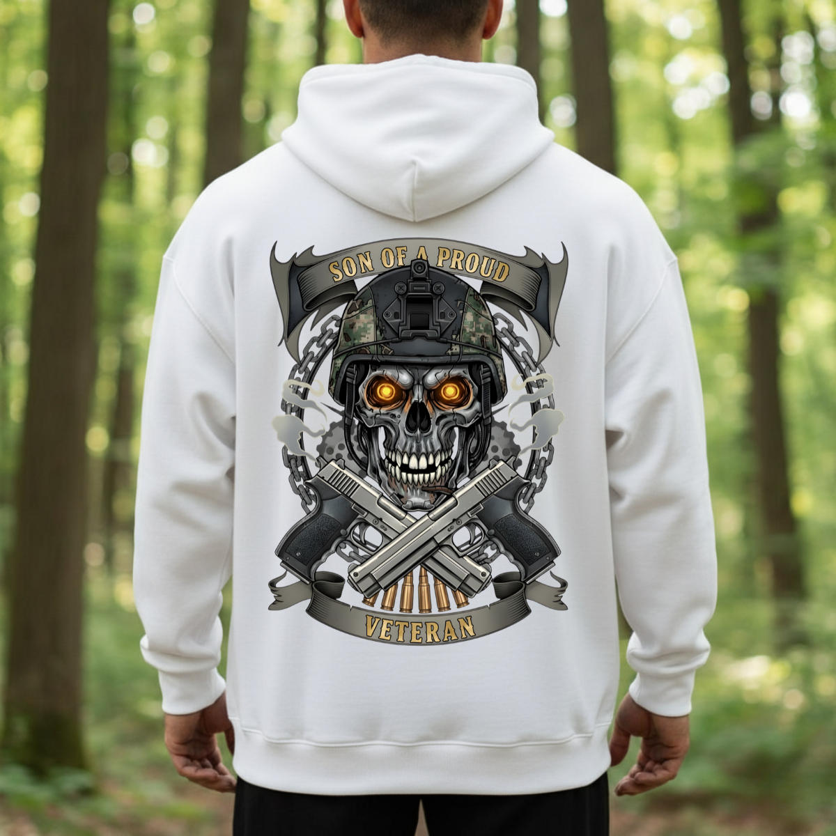 Military T-Shirt, Sweatshirt, Hoodie – Son of a Proud Veteran Quote – Skull Soldier Design, Patriotic Veteran Family Gift