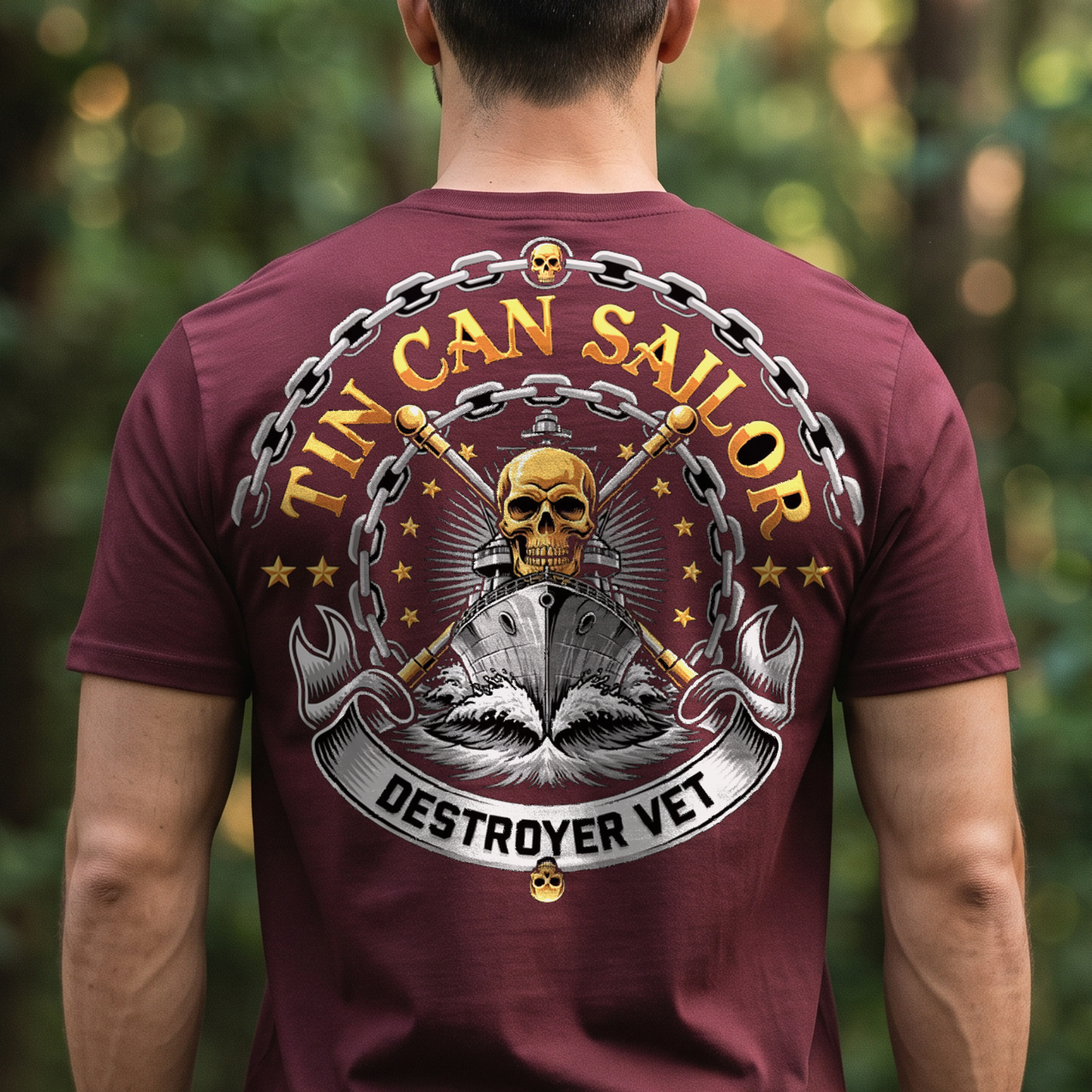 "Tin Can Sailor - Destroyer Vet" T-Shirt – Navy Tradition Skull Anchor Gift for Veterans Day