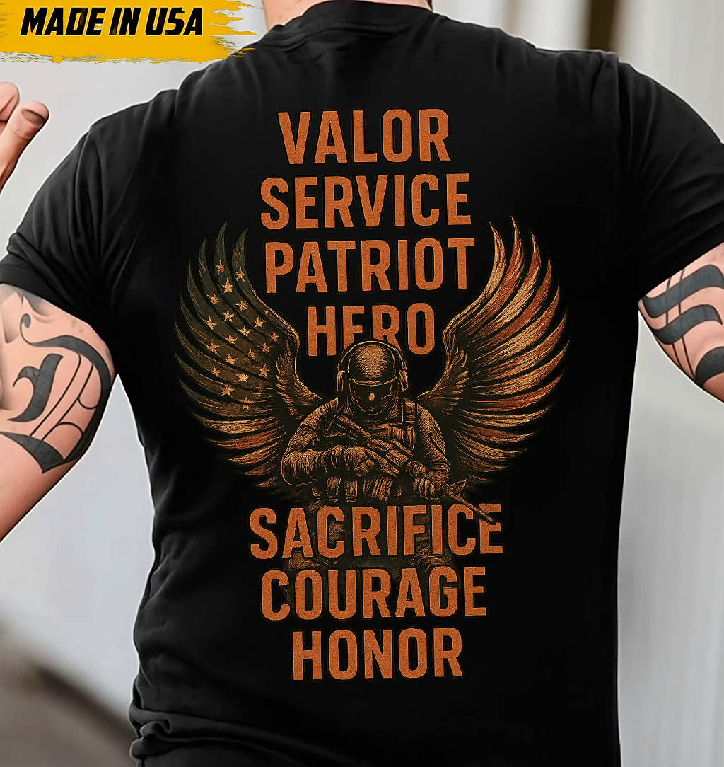 Patriot Veteran Honor T-Shirt – Military Graphic Tee with Valor Service Sacrifice Courage, Gift for Dad or Men