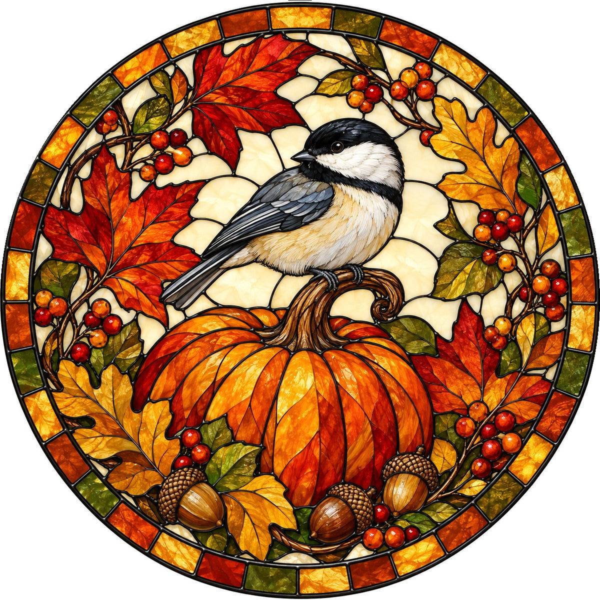 Autumn Chickadee Pumpkin Suncatcher, Fall Bird Glass Window Ornament