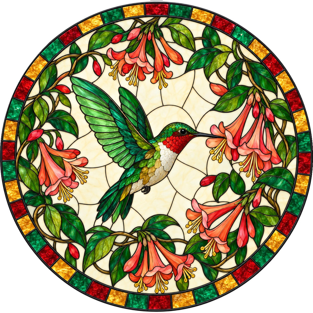 Honeysuckle Flight Hummingbird Suncatcher, Glass Window Ornament Decor