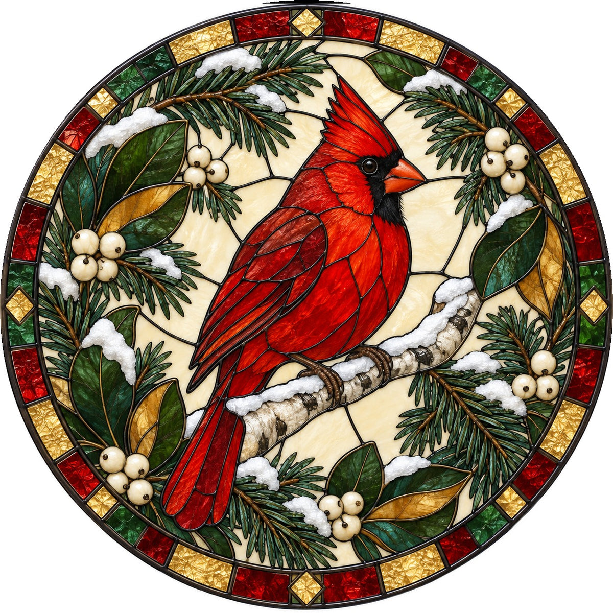 Frosted Birch Winter Cardinal Glass Suncatcher Window Hanging Ornament