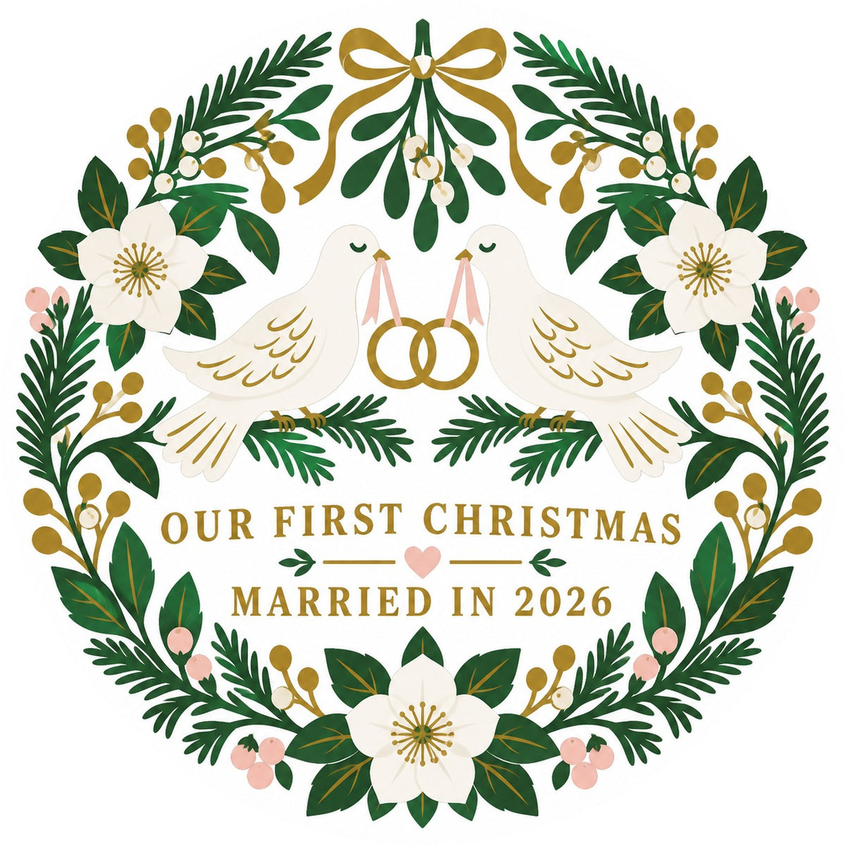 Folk Art Wedding Doves Ceramic Christmas Ornament for Newlyweds