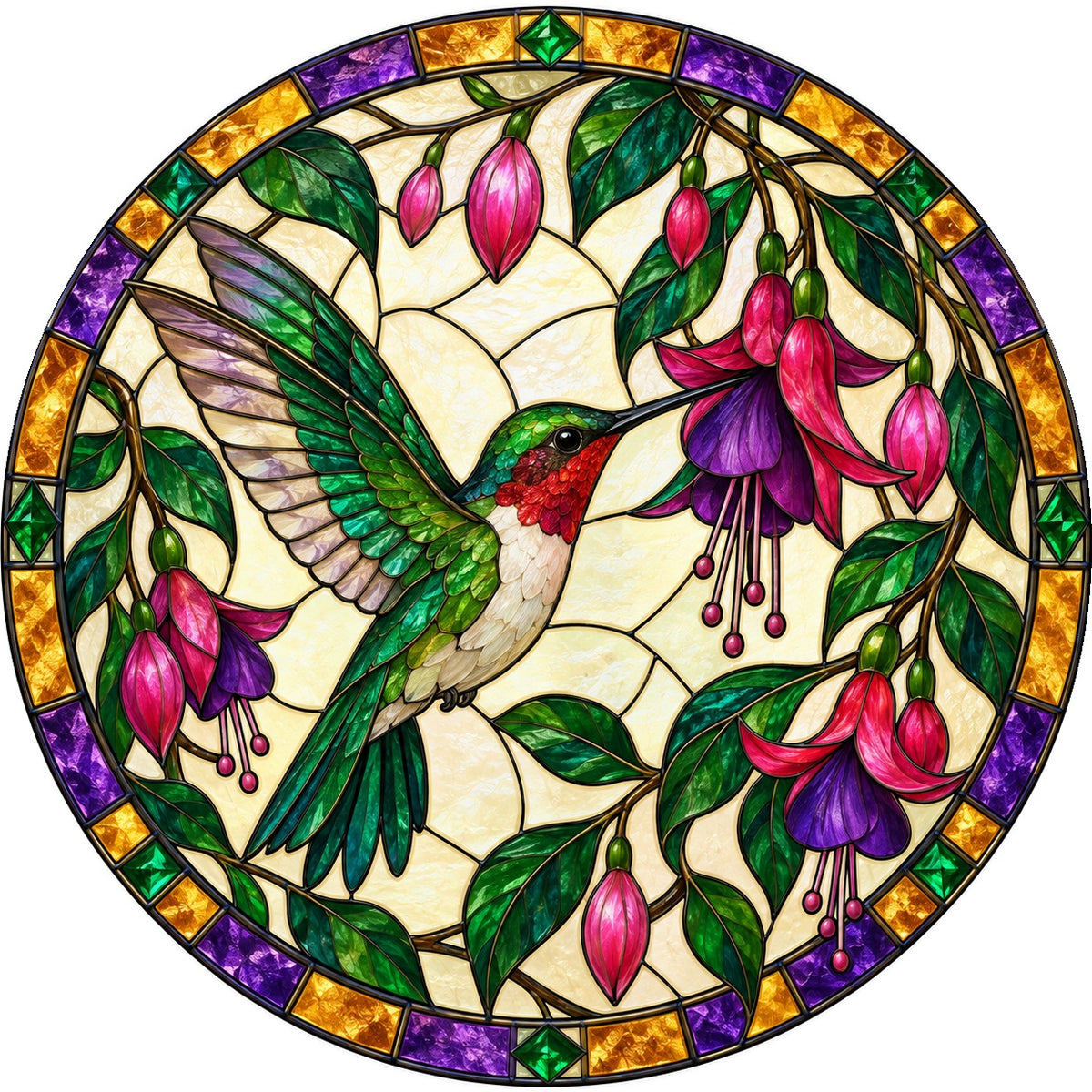 Jeweled Hummingbird and Fuchsia Suncatcher Glass Window Ornament