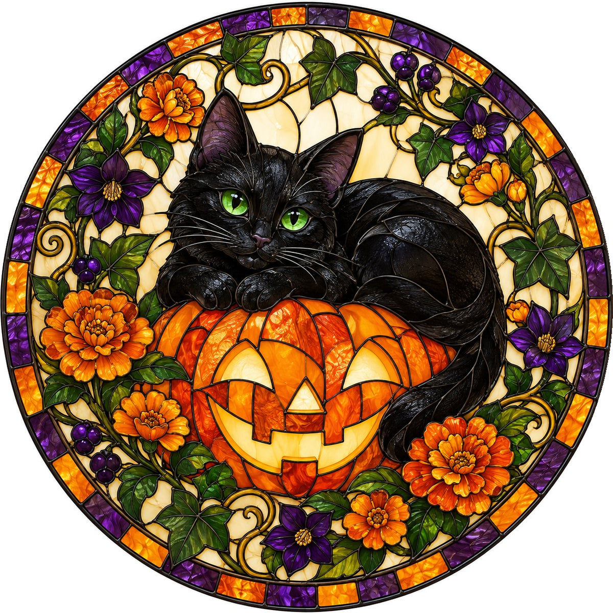 Black Cat and Pumpkin Stained Glass Style Suncatcher Hanging Ornament