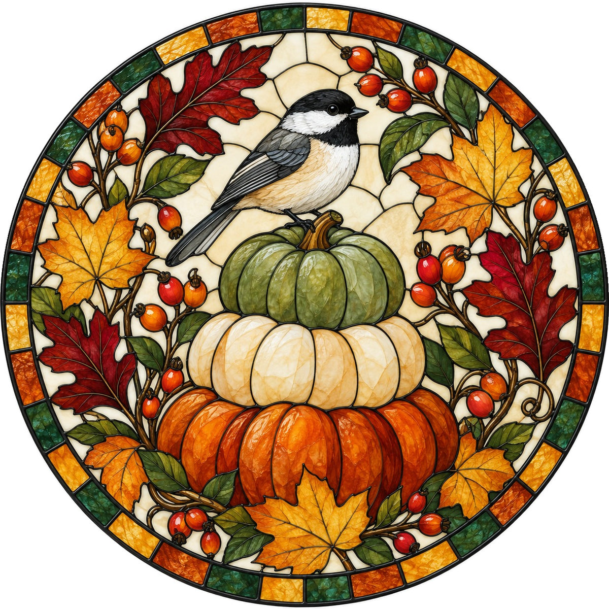 Autumn Songbird and Pumpkins Suncatcher Fall Window Hanging Ornament
