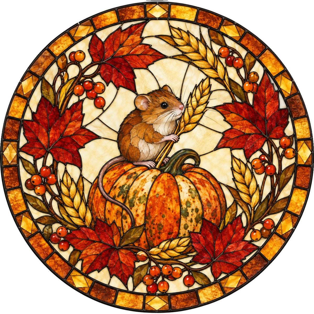 Harvest Mouse and Heirloom Pumpkin Glass Suncatcher Ornament