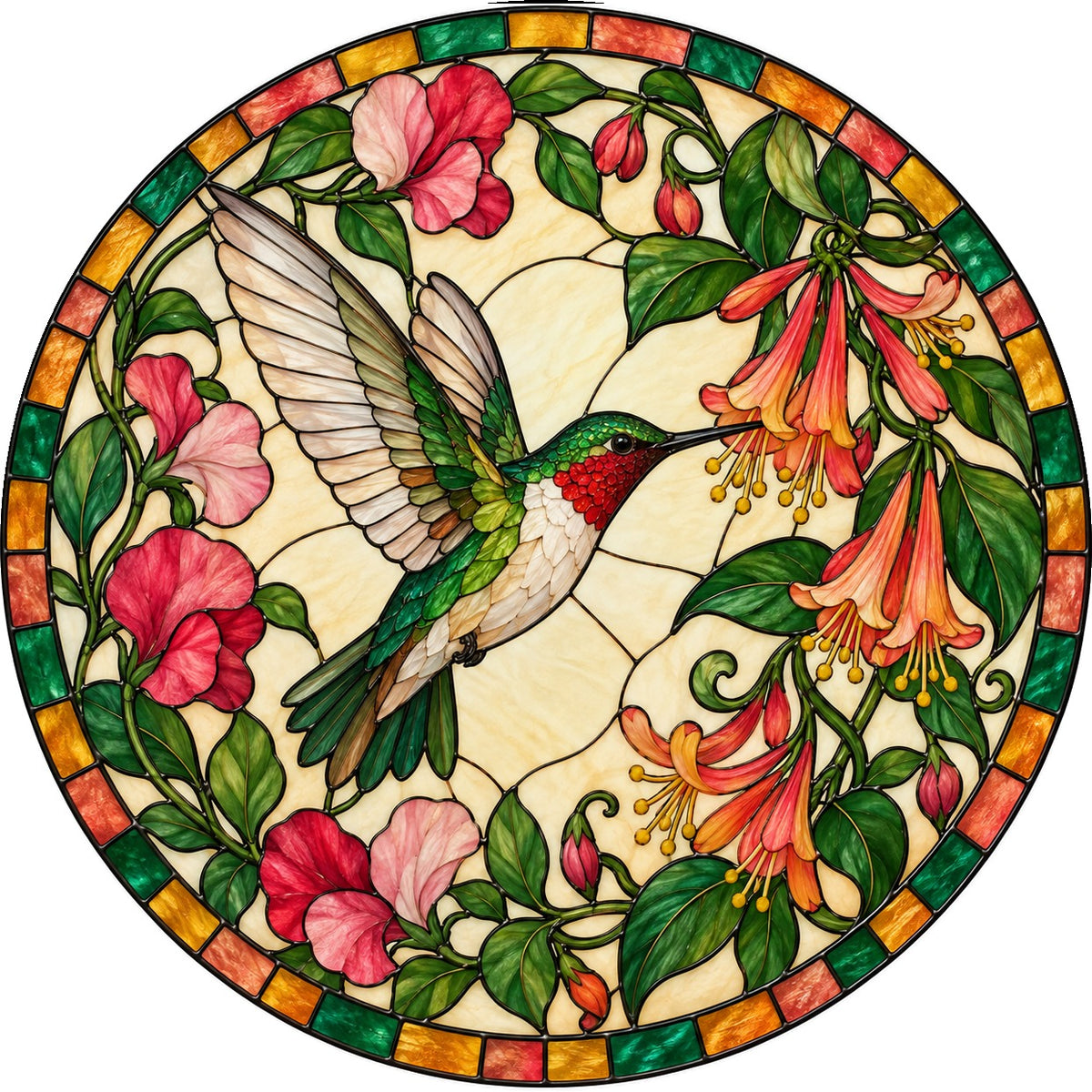 Hummingbird Honeysuckle Stained Glass Suncatcher Window Ornament