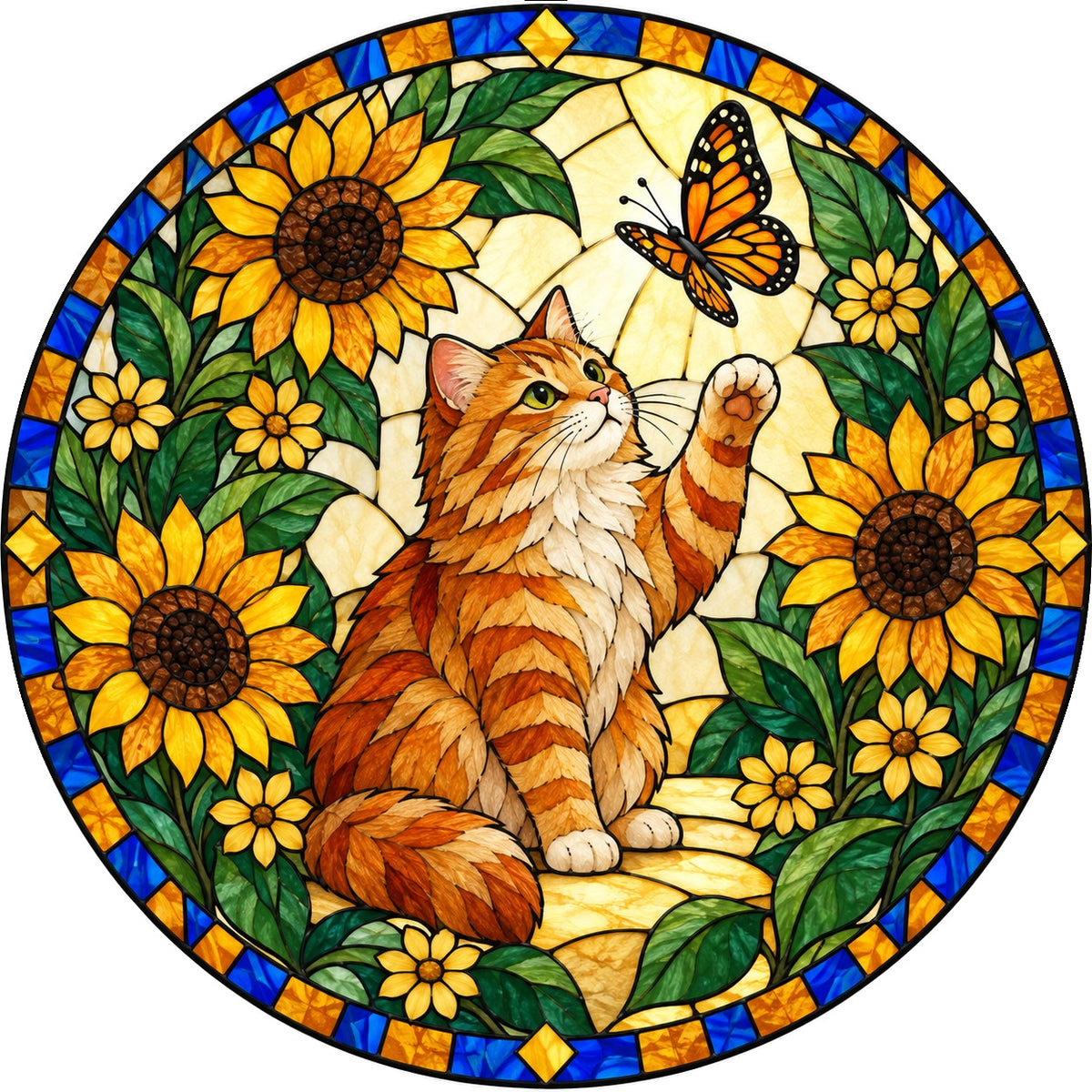 Curious Tabby Cat Suncatcher, Sunflower Garden Glass Hanging Ornament