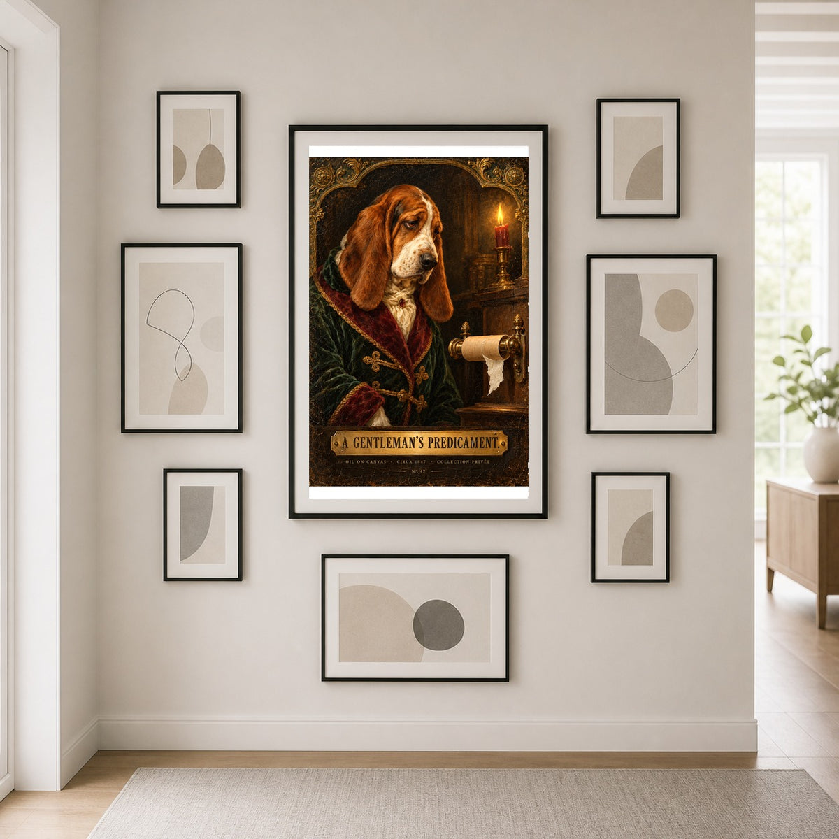 A Gentlemans Predicament Basset Hound Funny Bathroom Art Poster