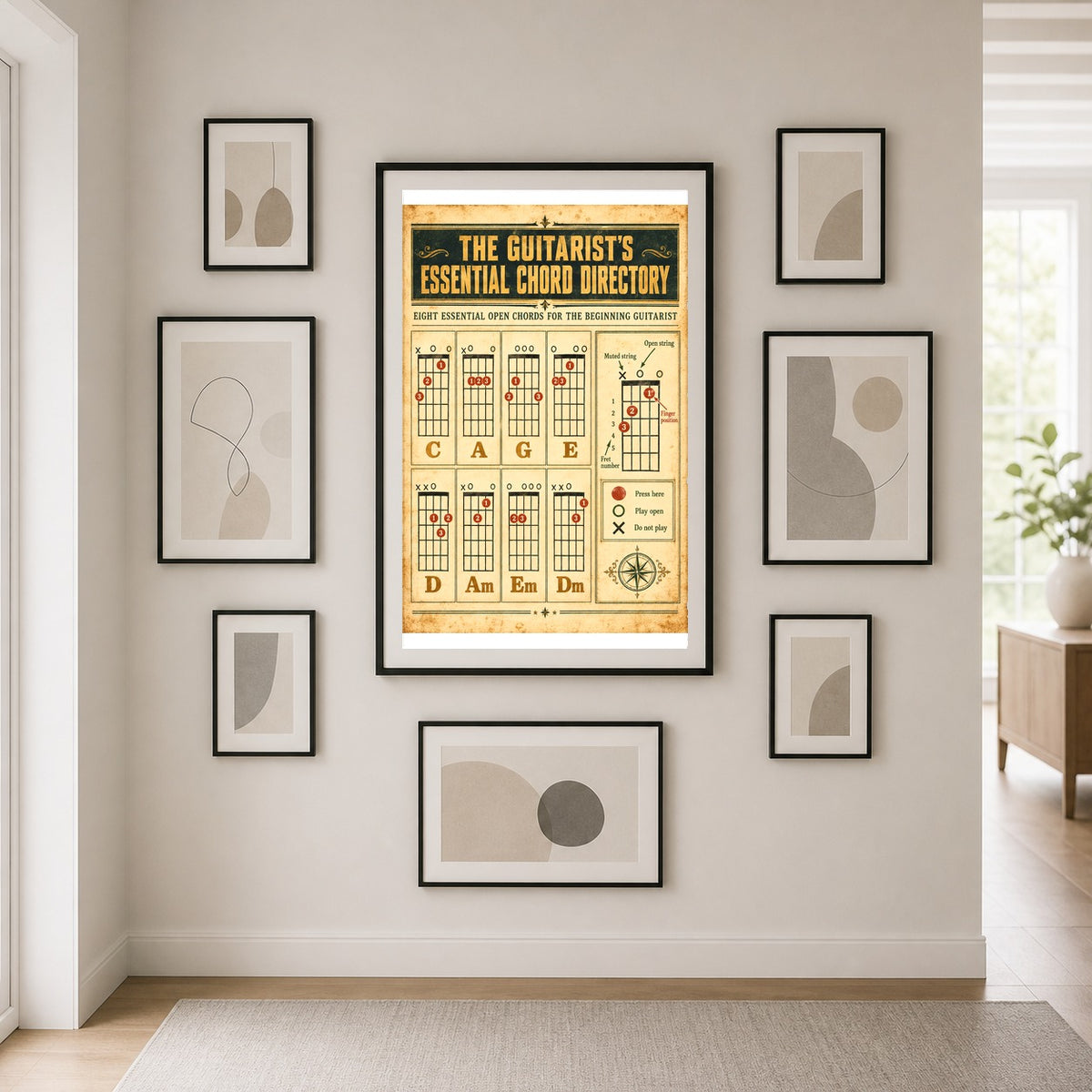 Vintage Guitar Chord Directory Poster, Acoustic Music Reference Wall Art