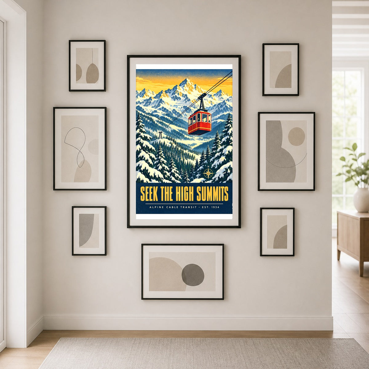 Alpine Tramway Winter Vista Art Poster, Seek the High Summits