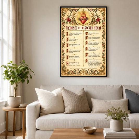 Sacred Heart Twelve Promises Broadside Poster, Catholic Devotional Art