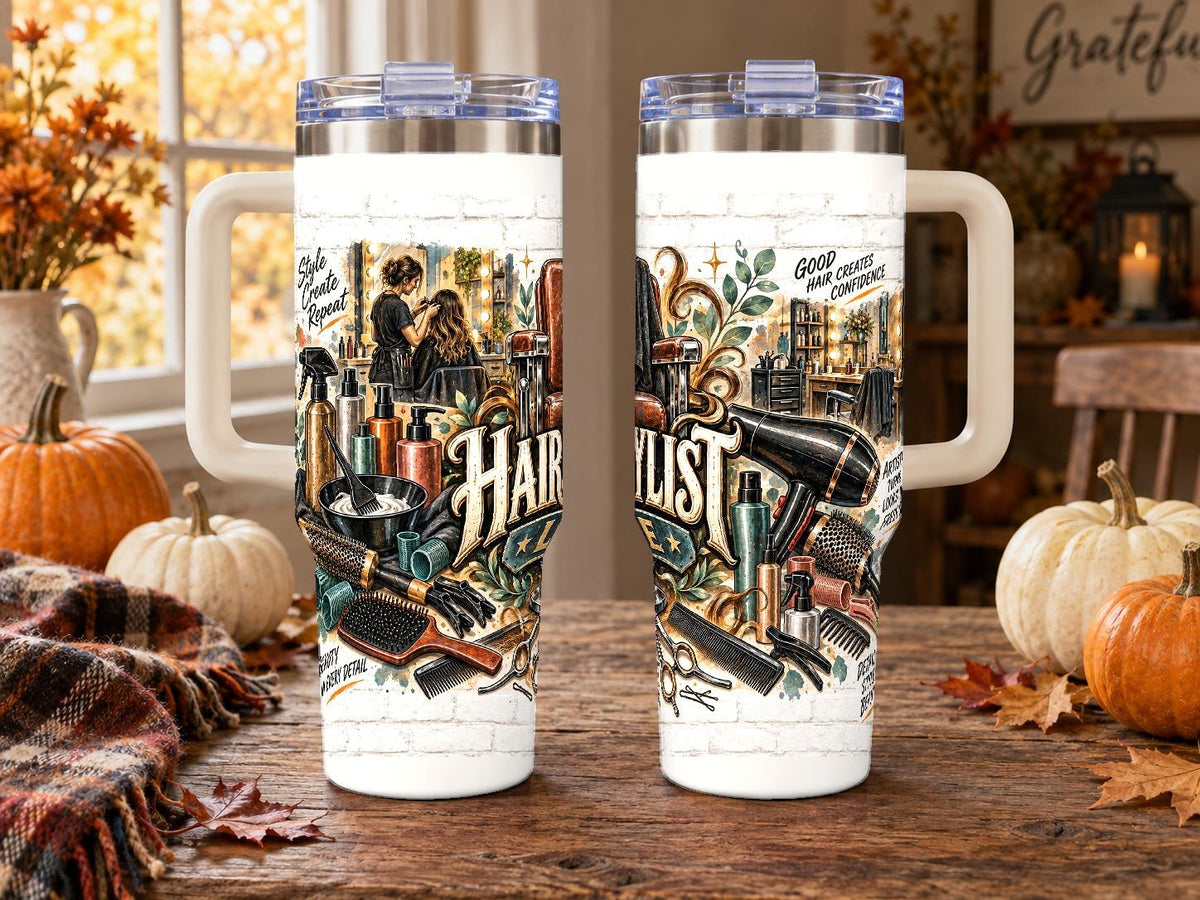 Hairstylist Salon Tools Collage 40 oz Tumbler with Handle