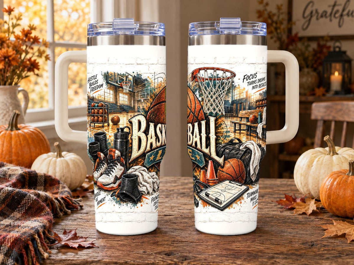 Basketball Gear Collage 40 oz Tumbler with Handle and Straw
