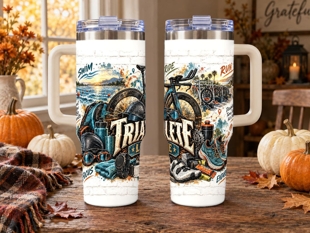 Triathlon Gear Collage 40 oz Tumbler, Endurance Athlete Design
