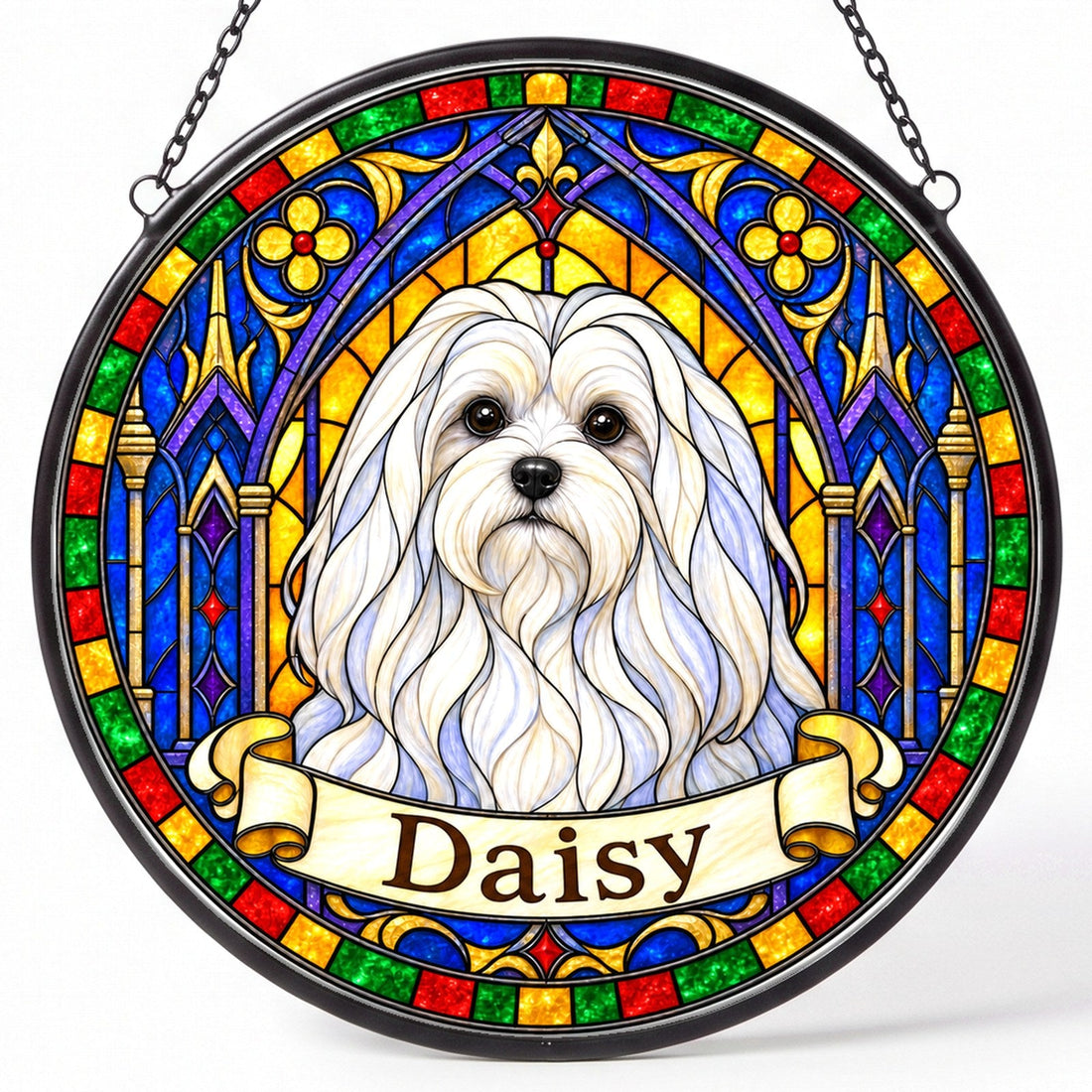 Personalized Maltese memorial suncatcher hanging in a sunny window