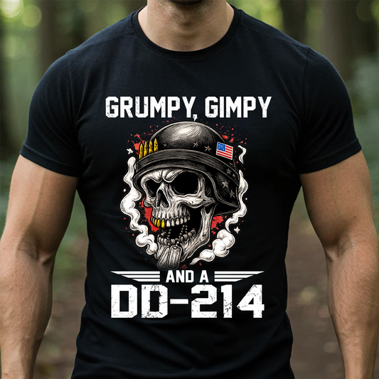 Grumpy, Gimpy and a DD-214 Veteran Humor Shirt – Skull Military Tee, Patriotic Gift for Veterans