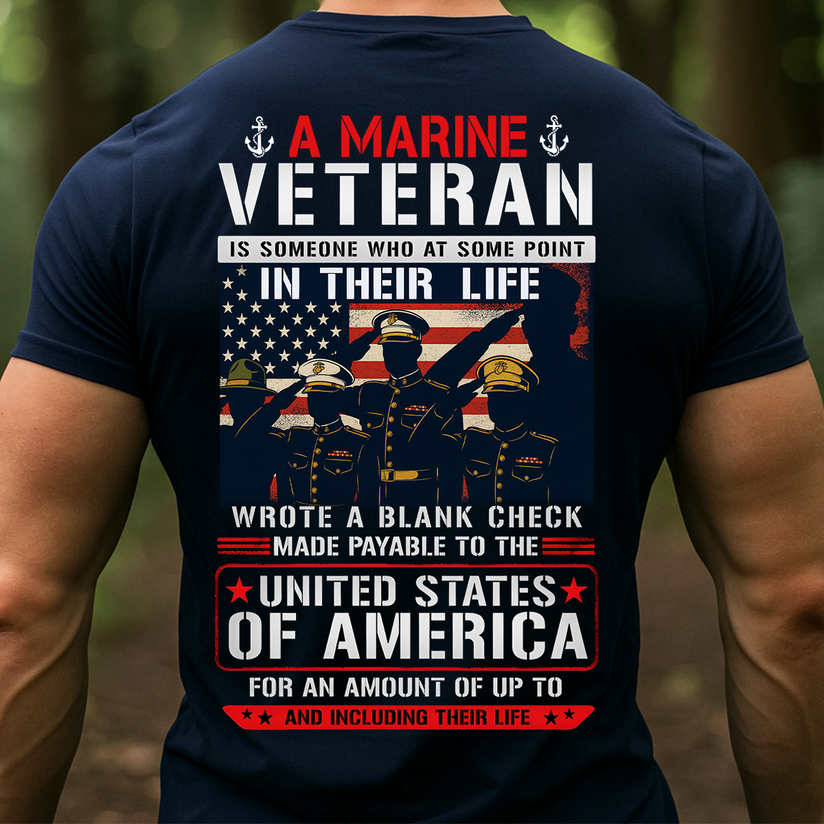 Blank Check Quote Marine Veteran T-Shirt - USMC American Flag Patriotic Tee Gift for Veterans