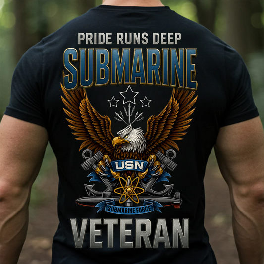 Pride Runs Deep Submarine Veteran T-Shirt – USN Eagle Emblem Navy Submarine Force Military Gift