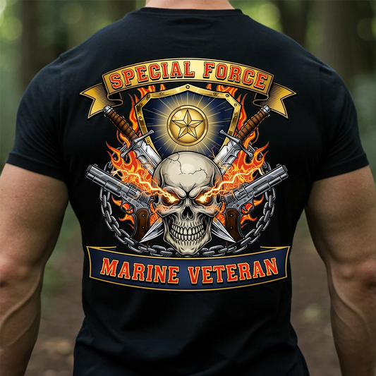 Marine Veteran T-Shirt – Special Force Skull and Flames Military Graphic Tee for Veterans