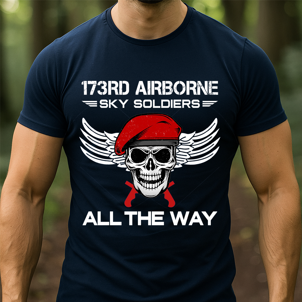 173rd Airborne Sky Soldiers T-Shirt – “All The Way” Paratrooper Skull Red Beret Military Gift