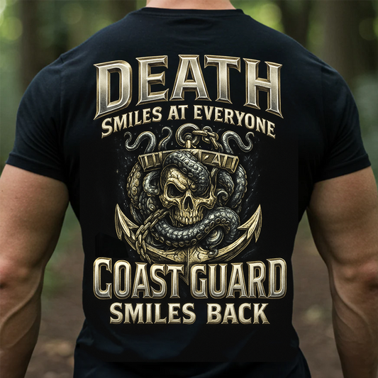 Death Smiles at Everyone,  Coast Guard Smiles Back T-shirt - USCG Skull Kraken Military Shirt