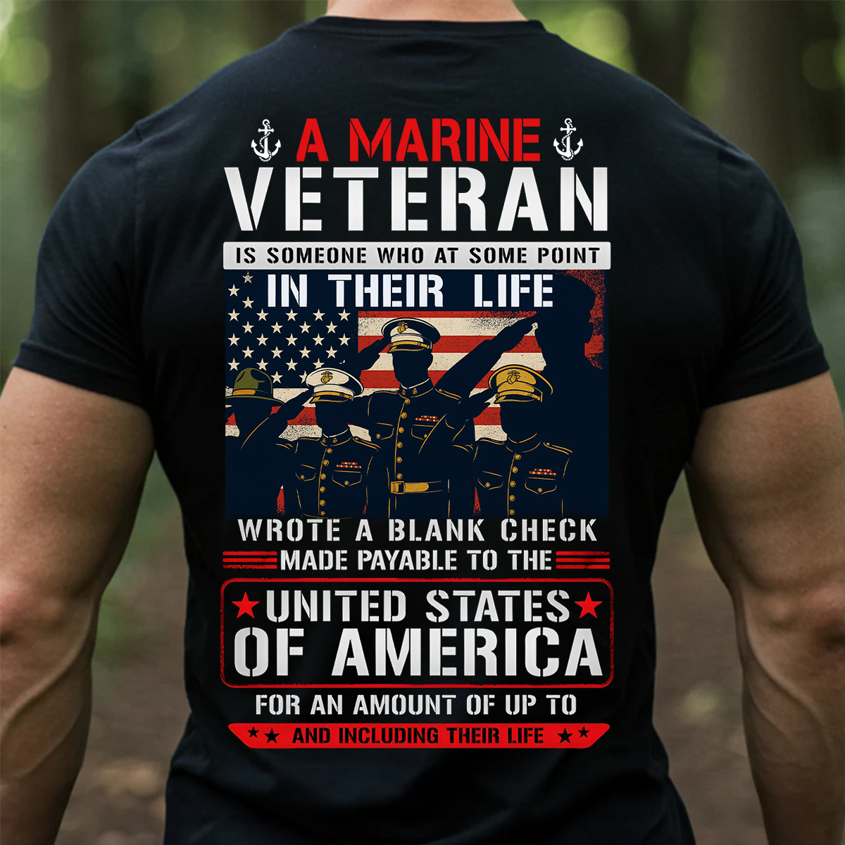 Blank Check Quote Marine Veteran T-Shirt - USMC American Flag Patriotic Tee Gift for Veterans