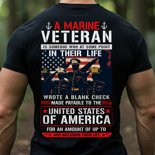 Blank Check Quote Marine Veteran T-Shirt - USMC American Flag Patriotic Tee Gift for Veterans