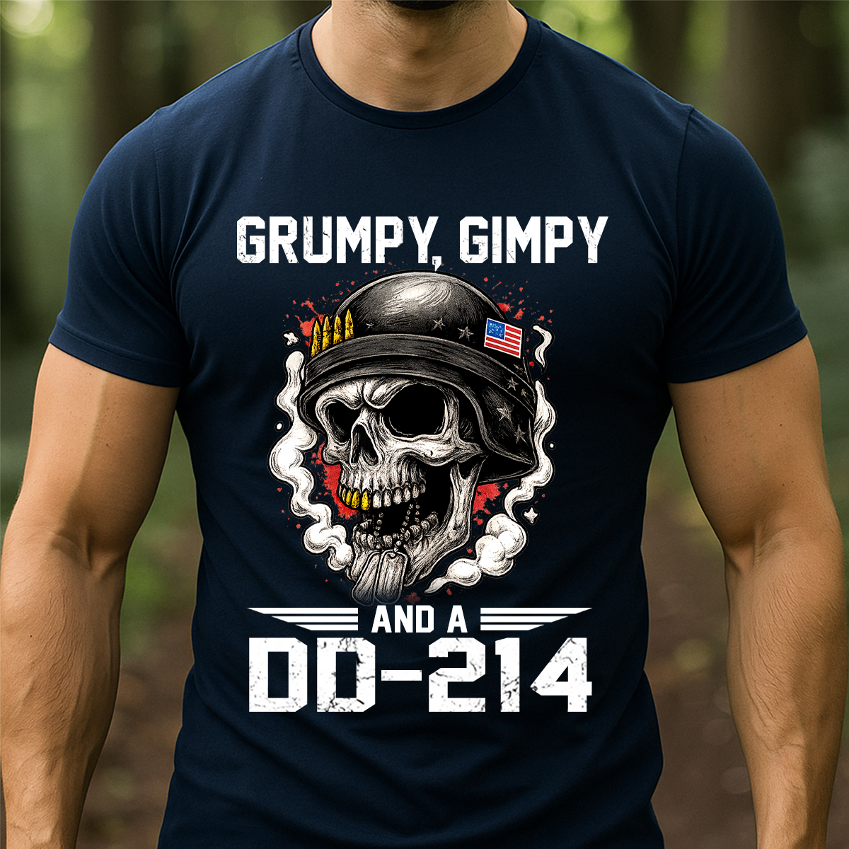 Grumpy, Gimpy and a DD-214 Veteran Humor Shirt – Skull Military Tee, Patriotic Gift for Veterans