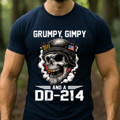 Grumpy, Gimpy and a DD-214 Veteran Humor Shirt – Skull Military Tee, Patriotic Gift for Veterans