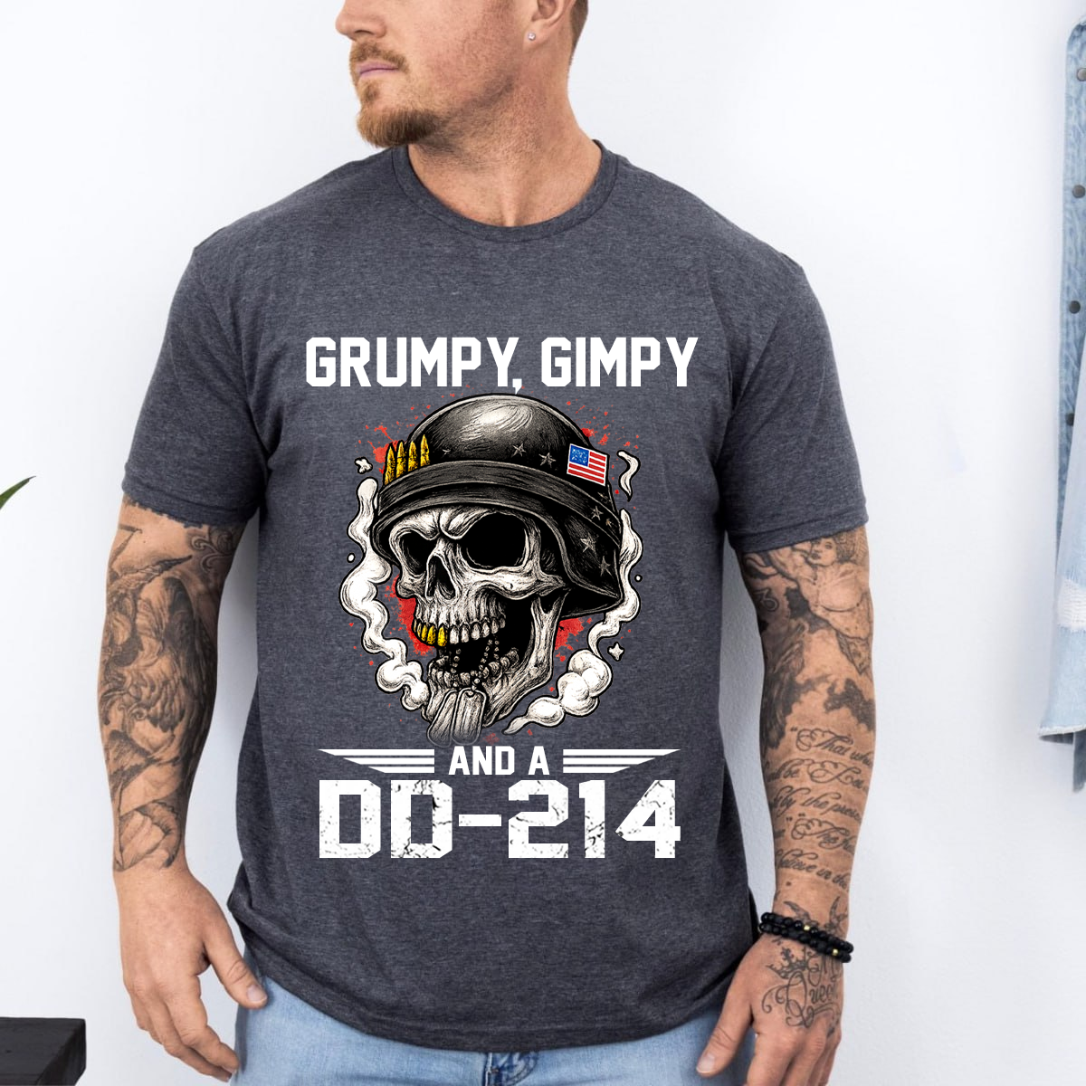 Grumpy, Gimpy and a DD-214 Veteran Humor Shirt – Skull Military Tee, Patriotic Gift for Veterans