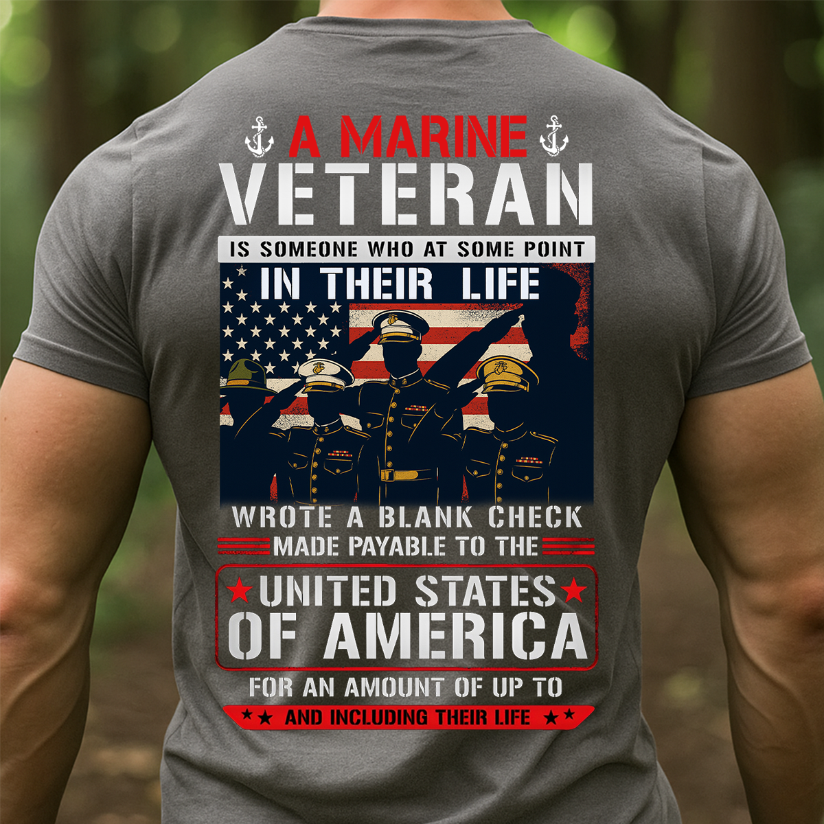 Blank Check Quote Marine Veteran T-Shirt - USMC American Flag Patriotic Tee Gift for Veterans