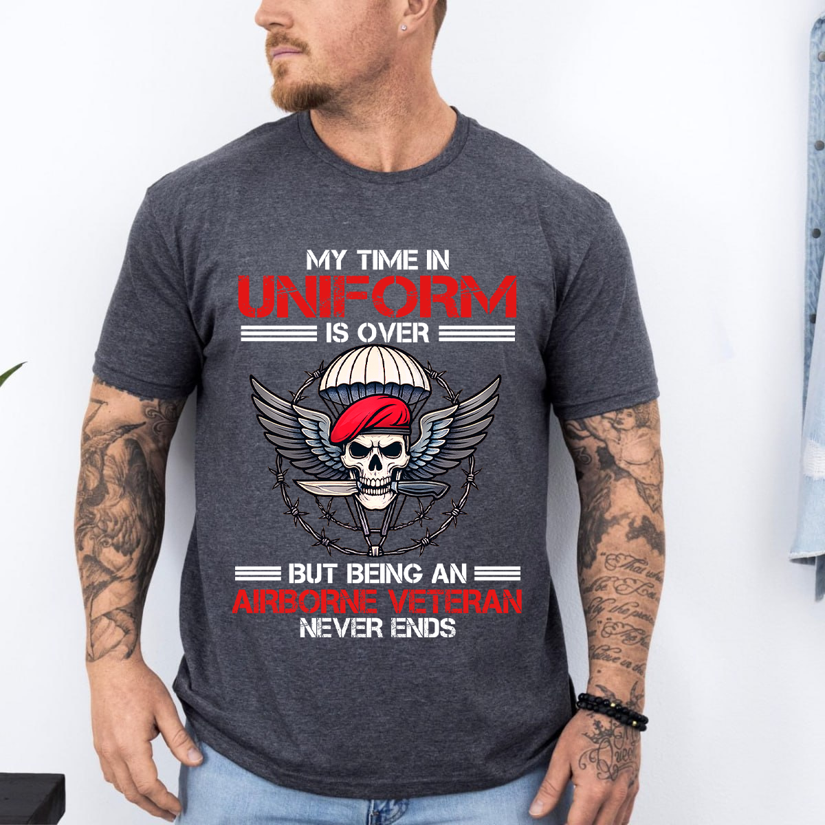 “Being an Airborne Veteran Never Ends” T-Shirt, Proud Airborne Tee Military Gift for Veterans