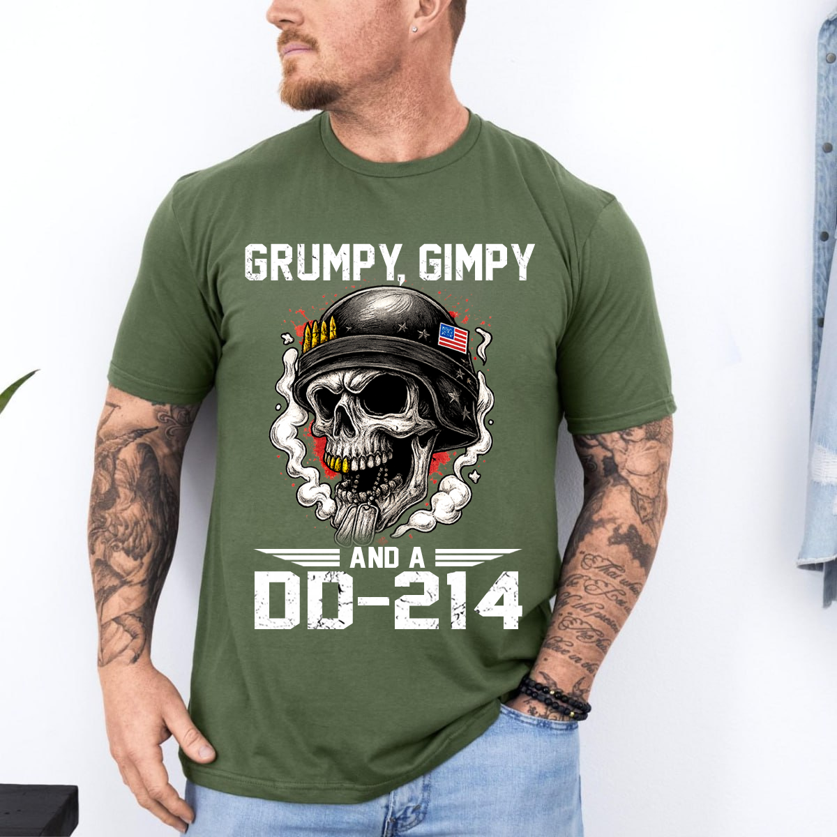 Grumpy, Gimpy and a DD-214 Veteran Humor Shirt – Skull Military Tee, Patriotic Gift for Veterans