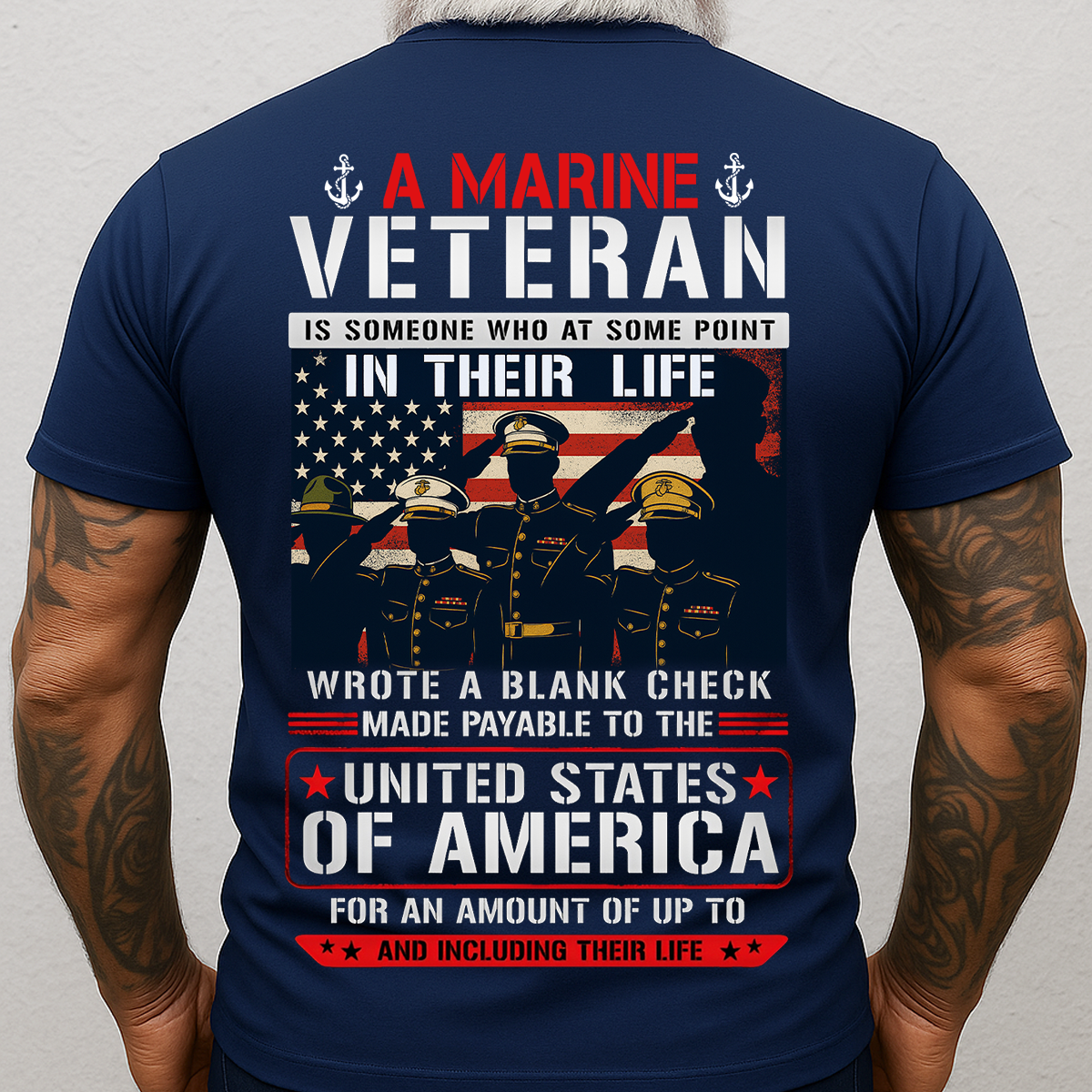 Blank Check Quote Marine Veteran T-Shirt - USMC American Flag Patriotic Tee Gift for Veterans