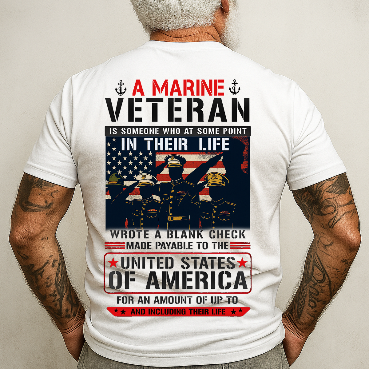Blank Check Quote Marine Veteran T-Shirt - USMC American Flag Patriotic Tee Gift for Veterans