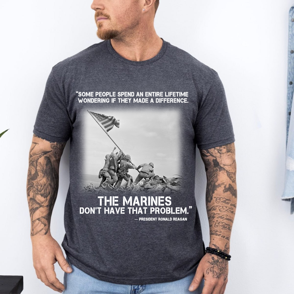 "Some People Spend A Lifetime" – USMC Marines with Iwo Jima Flag Raising T-Shirt, Ronald Reagan Quote Veteran Tee