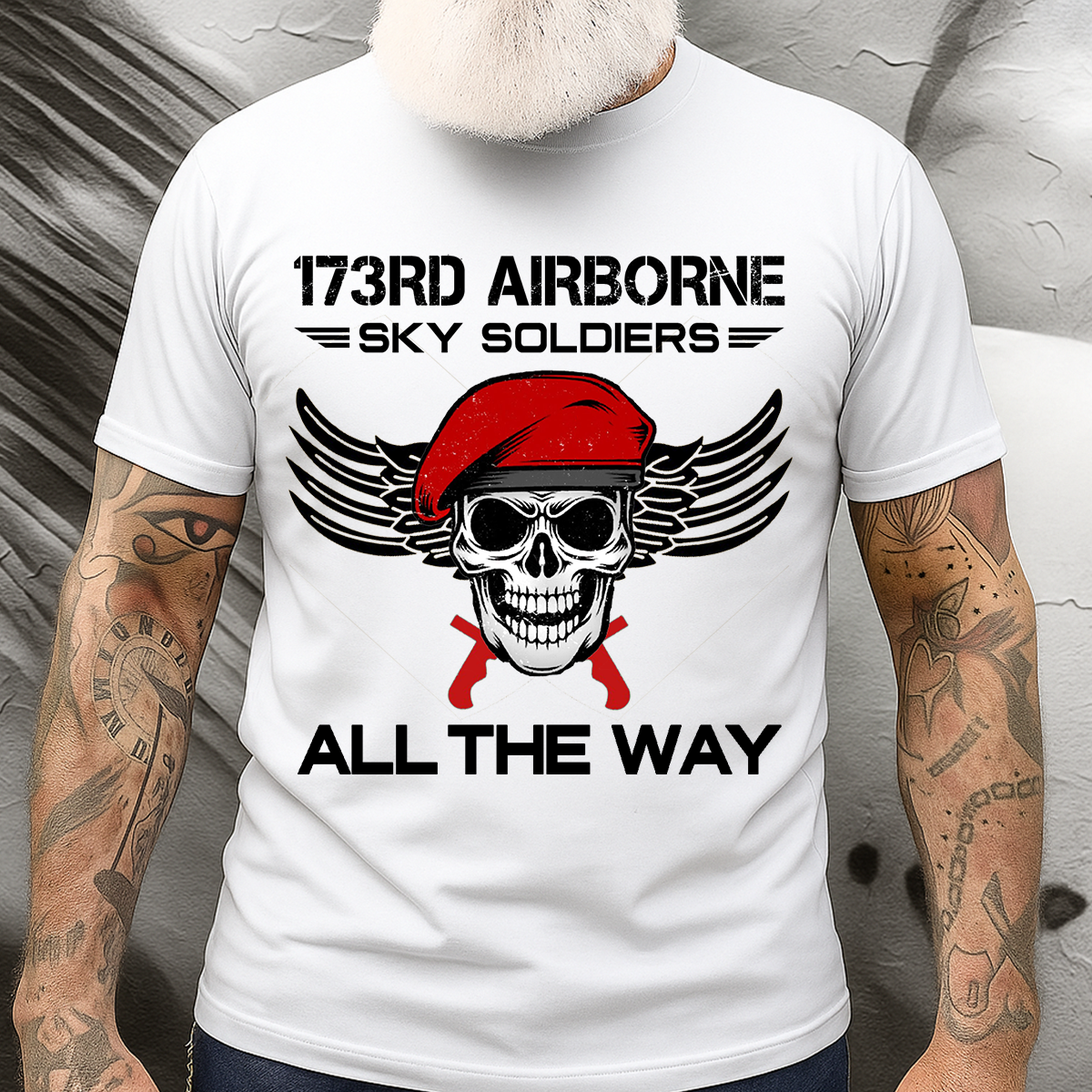 173rd Airborne Sky Soldiers T-Shirt – “All The Way” Paratrooper Skull Red Beret Military Gift