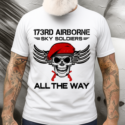 173rd Airborne Sky Soldiers T-Shirt – “All The Way” Paratrooper Skull Red Beret Military Gift