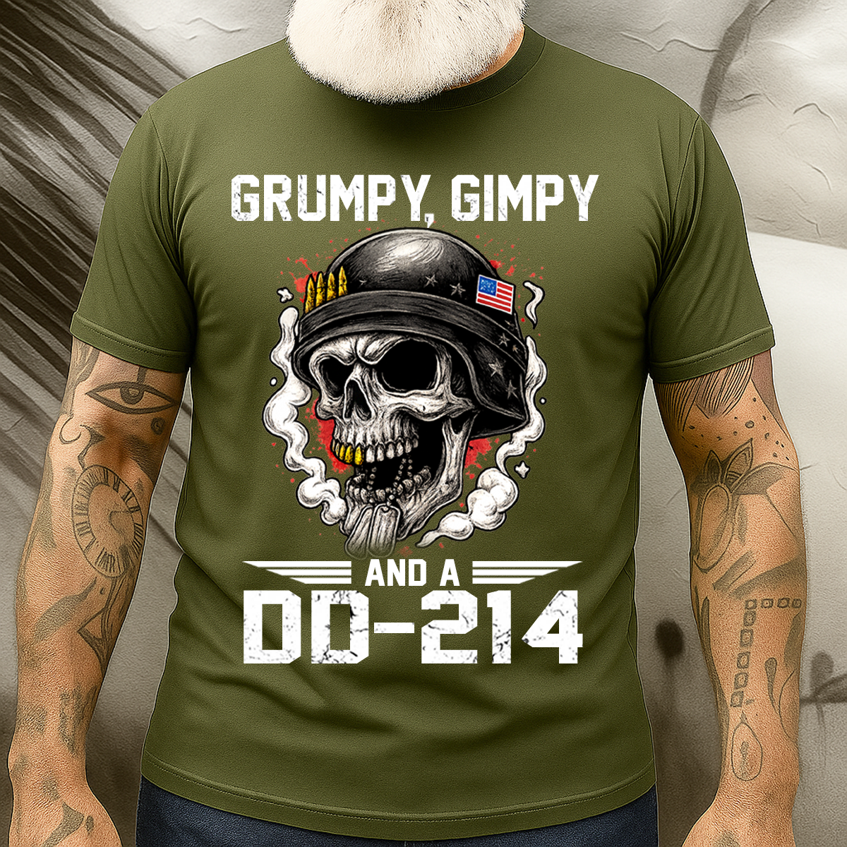 Grumpy, Gimpy and a DD-214 Veteran Humor Shirt – Skull Military Tee, Patriotic Gift for Veterans