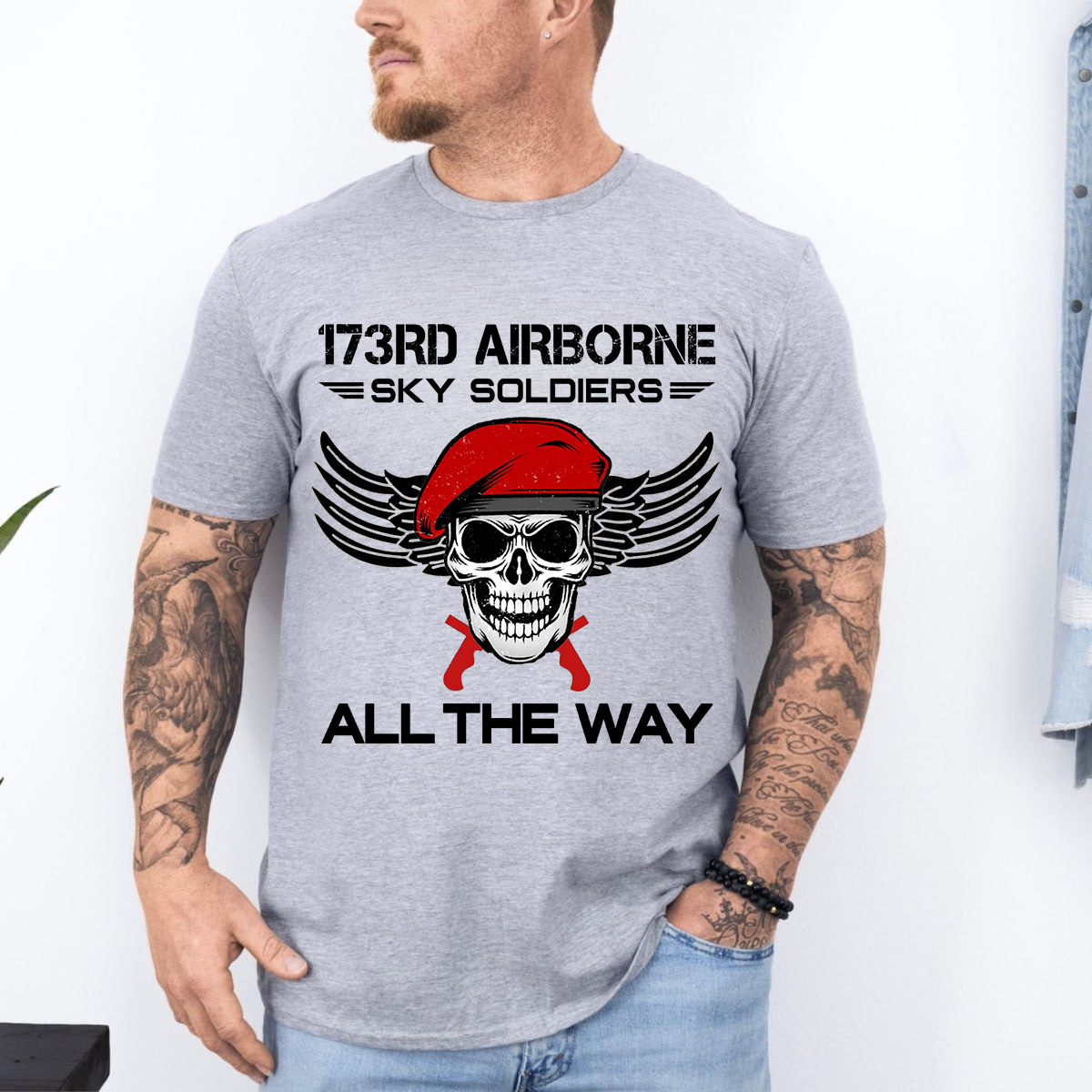 173rd Airborne Sky Soldiers T-Shirt – “All The Way” Paratrooper Skull Red Beret Military Gift