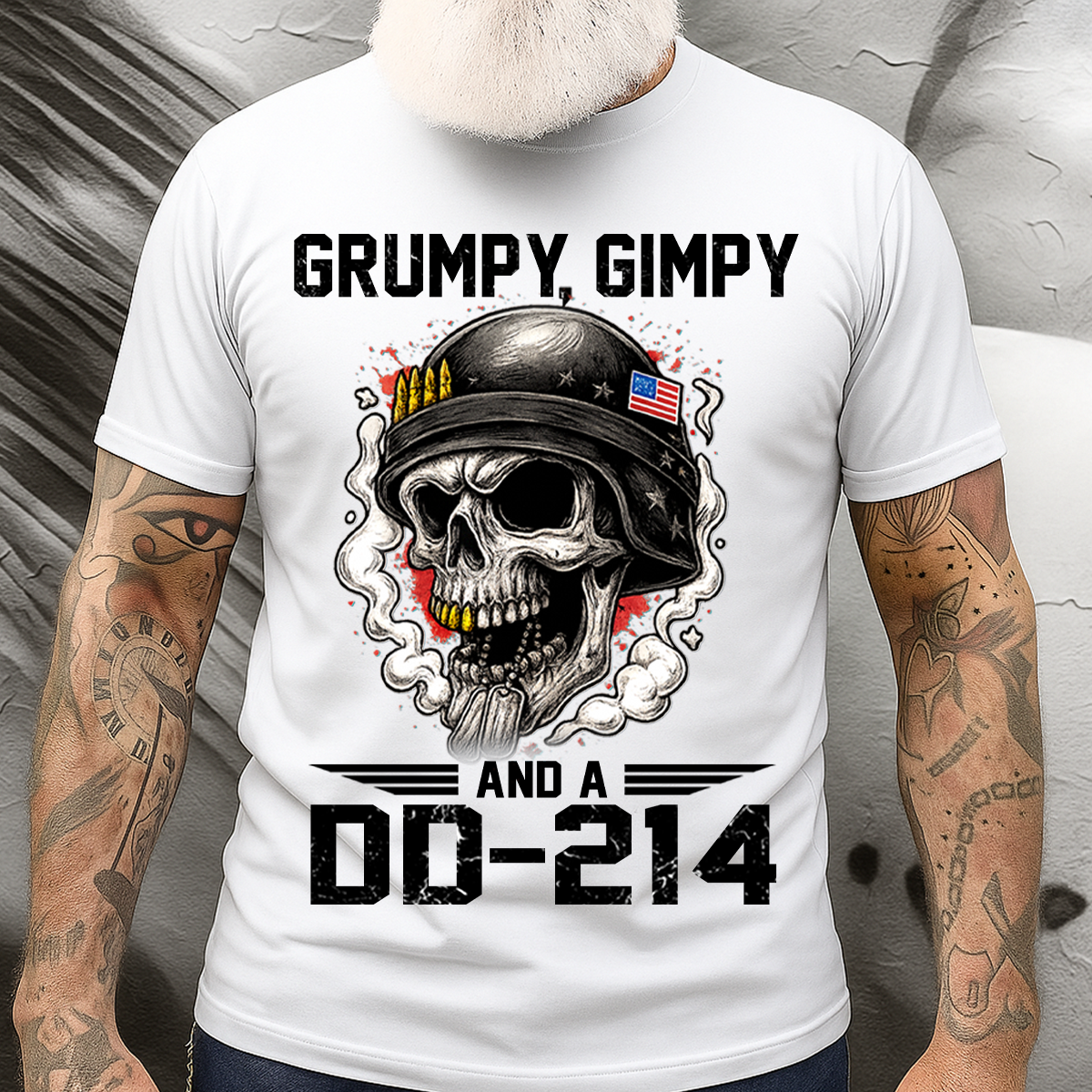 Grumpy, Gimpy and a DD-214 Veteran Humor Shirt – Skull Military Tee, Patriotic Gift for Veterans