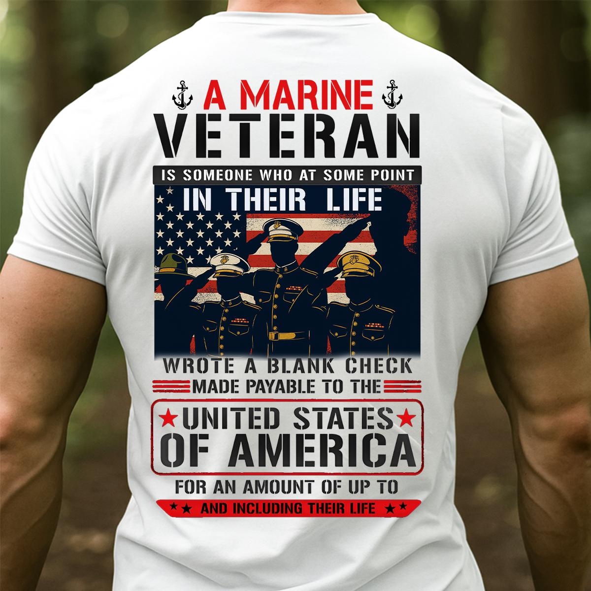 Blank Check Quote Marine Veteran T-Shirt - USMC American Flag Patriotic Tee Gift for Veterans