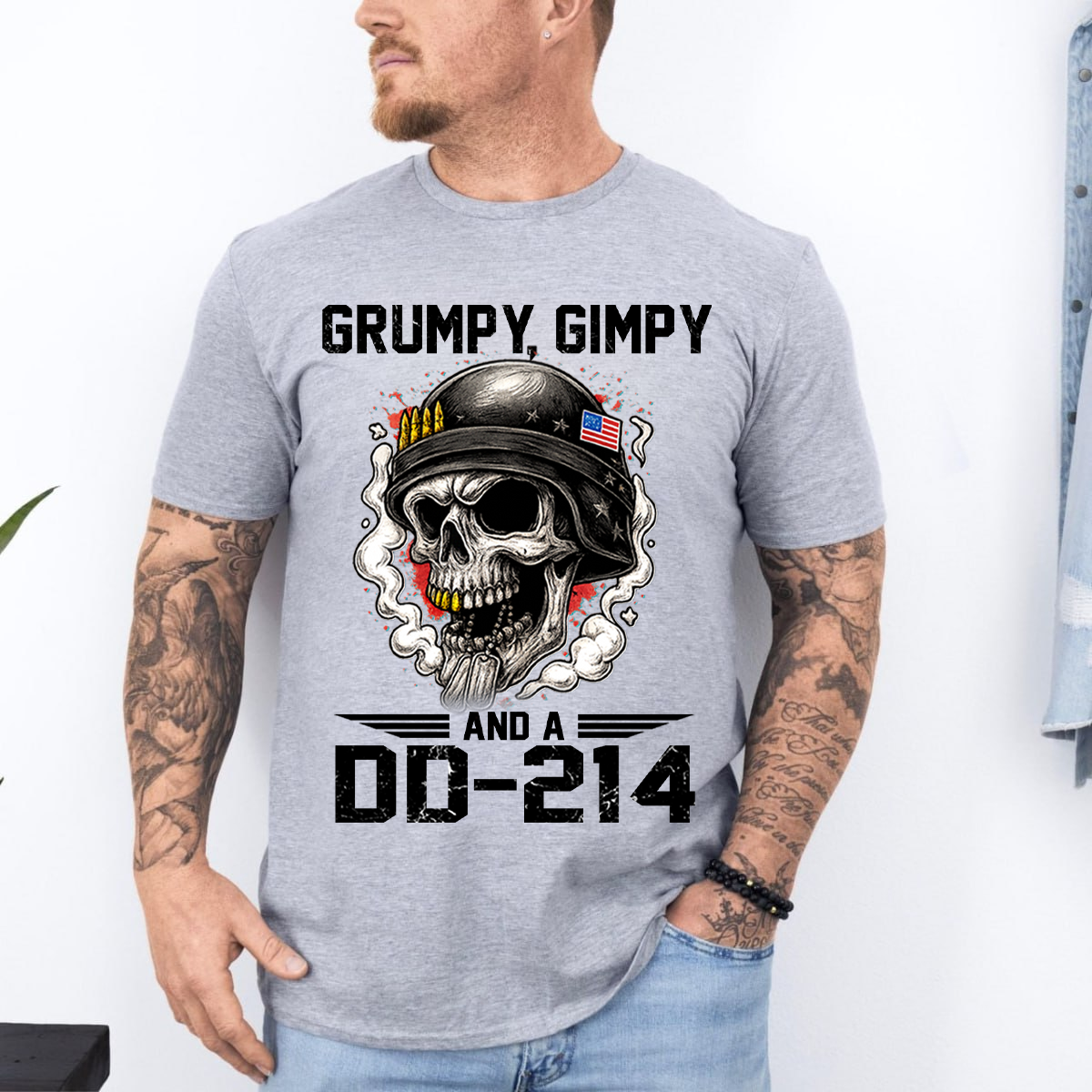 Grumpy, Gimpy and a DD-214 Veteran Humor Shirt – Skull Military Tee, Patriotic Gift for Veterans