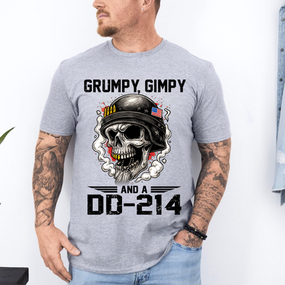 Grumpy, Gimpy and a DD-214 Veteran Humor Shirt – Skull Military Tee, Patriotic Gift for Veterans